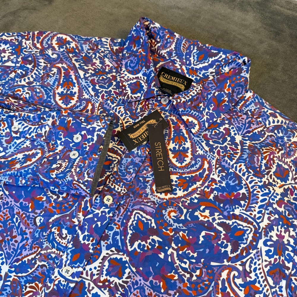 Cremieux Premium Blue Paisley Stretch Button Up Shirt Long Sleeve Mens 2XT NWT